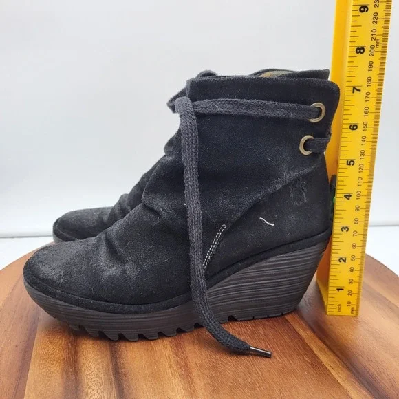 Fly London Ankle Boot Womens 7.5 / 8 Yama Black Suede Wedge Lace-up Back Booties - Picture 8 of 16